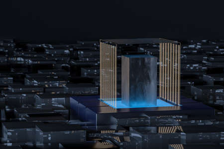 Blue and golden cube with glass material, 3d rendering. Computer digital drawing.の写真素材