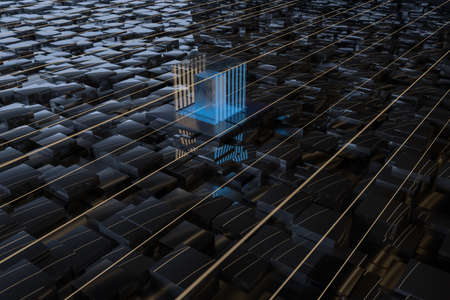 Blue and golden cube with glass material, 3d rendering. Computer digital drawing.