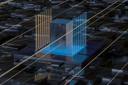 Blue and golden cube with glass material, 3d rendering. Computer digital drawing.
