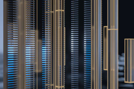 Blue and golden cube with glass material, 3d rendering. Computer digital drawing.