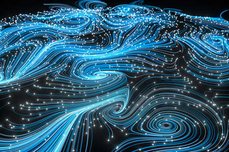 Vortical line pattern, glowing particles trails, 3d rendering. Computer digital drawing.