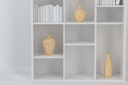 Cabinet with books and vases inside in the empty new house, 3d rendering. Computer digital drawing.の写真素材