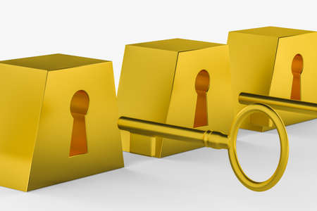 The keyhole with its key background, 3d rendering. Computer digital drawing.