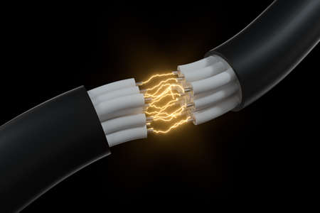 Cable with extended core, electronic connection product, with lightning effect 3d rendering. Computer digital drawing.の写真素材