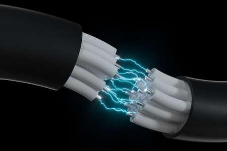 Cable with extended core, electronic connection product, with lightning effect 3d rendering....