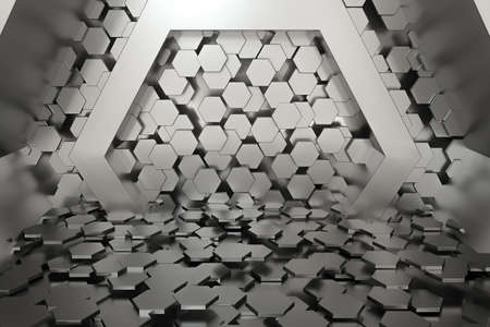 Hexagonal tunnel space with hexagon cubes, 3d rendering. Computer digital drawing.