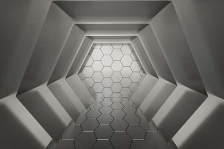 Hexagonal tunnel space with hexagon cubes, 3d rendering. Computer digital drawing.の写真素材