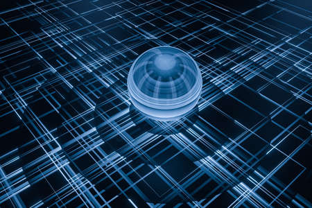 Blue cyber space with crossed glowing lines, 3d rendering. Computer digital drawing.