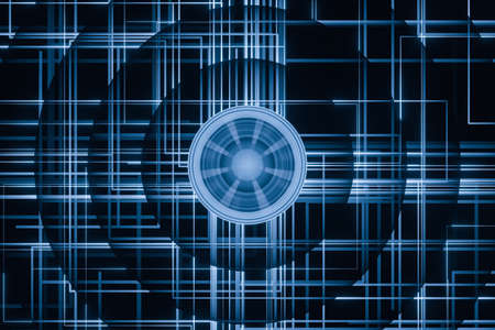 Blue cyber space with crossed glowing lines, 3d rendering. Computer digital drawing.