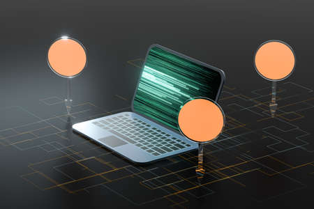 Laptop with black background, technological concept, 3d rendering. Computer digital drawing.
