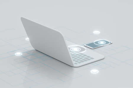 Laptop and phone with white background, technological concept, 3d rendering. Computer digital...