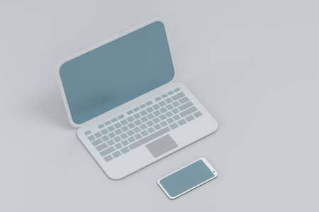Laptop and phone with white background, technological concept, 3d rendering. Computer digital...