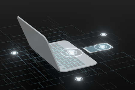 Laptop and phone with black background, technological concept, 3d rendering. Computer digital...