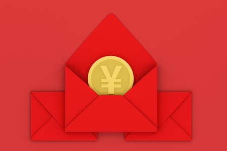 Red package with golden coin inside, red background, festive theme, 3d rendering. Computer digital...