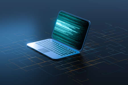 Laptop with black background, technological concept, 3d rendering. Computer digital drawing.の写真素材