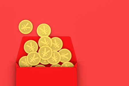 Red package with golden coin inside, red background, festive theme, 3d rendering. Computer digital...