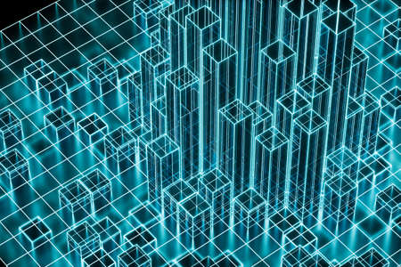 Cubes and lines with dark background, 3d rendering. Computer digital drawing.の写真素材