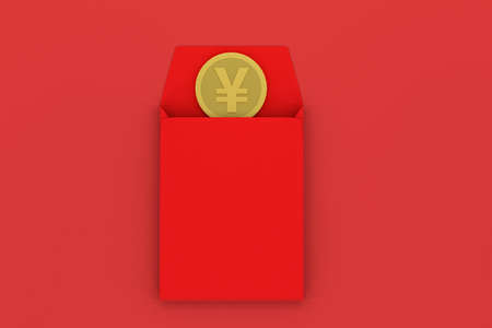 Red package with golden coin inside, red background, festive theme, 3d rendering. Computer digital...