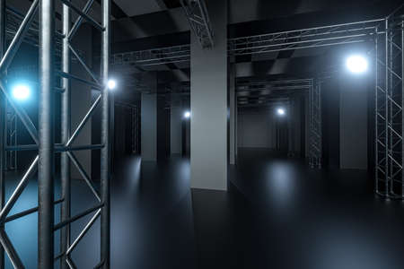Cement and reinforcement with projector lamps in the dark room, 3d rendering. Computer digital...