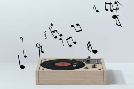 Phonograph with white background, plays music, 3d rendering. Computer digital drawing.