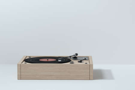 Phonograph with white background, plays music, 3d rendering. Computer digital drawing.