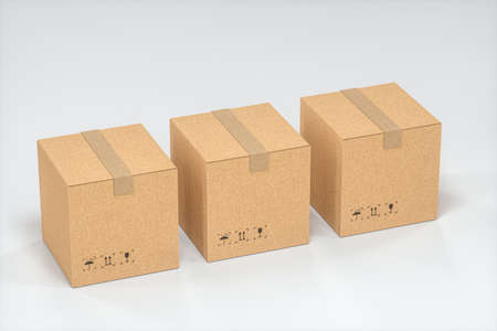 The cartons are stacked against a white background, 3d rendering. Computer digital drawing.