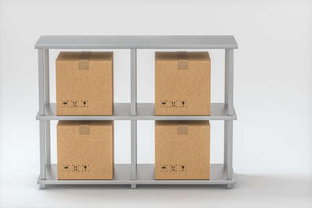 The cartons are put on neatly arranged shelves, 3d rendering. Computer digital drawing.