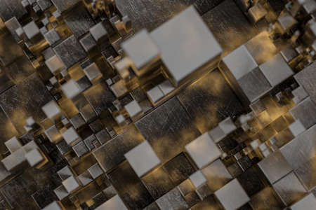 Randomly distributed cubes, Industrial background, 3d rendering. Computer digital drawing.