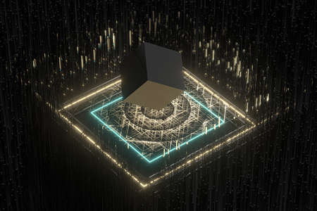 The cube floats on a glowing platform, 3d rendering. Computer digital drawing.