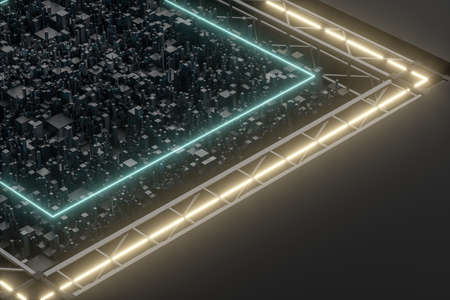 Cubes on glowing platform, industrial background, 3d rendering. Computer digital drawing.