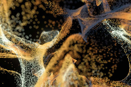 Particles moving on black background, 3d rendering. Computer digital drawing.