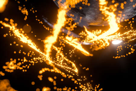 Glowing particles surrounding around the planet, 3d rendering. Computer digital drawing.の写真素材