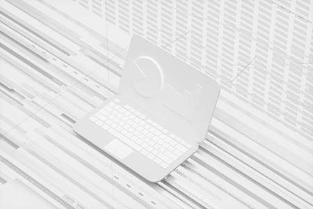 White laptop,geometry of data, 3d rendering. Computer digital drawing.
