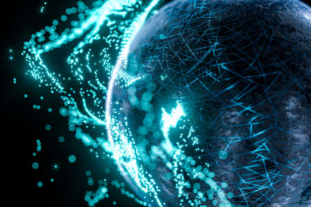 Glowing particles surrounding around the planet, 3d rendering. Computer digital drawing.の写真素材