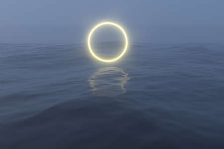 Glowing frame floating on the lake in the evening, 3d rendering. Computer digital drawing.