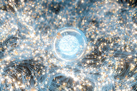 Glowing dots with dark background, dreamlike dots, 3d rendering. Computer digital drawing.