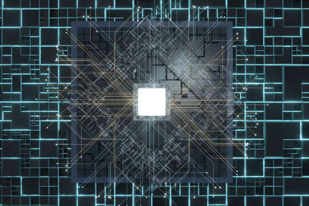 Luminous cube and circuits, black cubes, 3d rendering. Computer digital drawing.