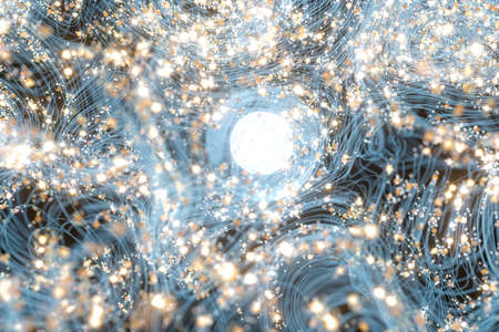 Glowing dots with dark background, dreamlike dots, 3d rendering. Computer digital drawing.