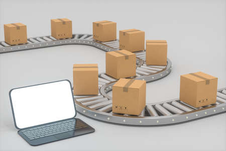 Boxes moving on the conveyor belt, laptop and conveyor belt ,3d rendering.Computer digital drawing.