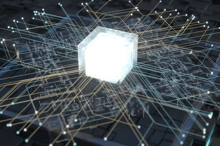 Luminous cube and circuits, black cubes, 3d rendering. Computer digital drawing.