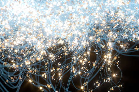 Glowing dots with dark background, dreamlike dots, 3d rendering. Computer digital drawing.の写真素材