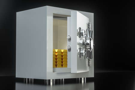 Mechanical safe with gold bar inside, 3d rendering.