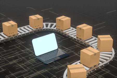 Boxes moving on the conveyor belt, laptop and conveyor belt ,3d rendering. Computer digital drawing.
