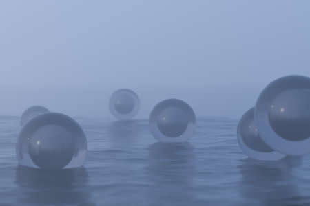 Transparent balls floating on the lake and reflecting in the water, 3d rendering. Computer digital drawing.の写真素材
