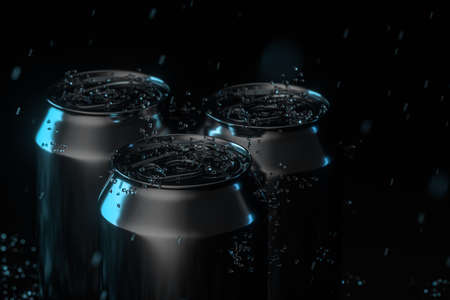 The rain drops fell on cans on dark background, 3d rendering.の写真素材