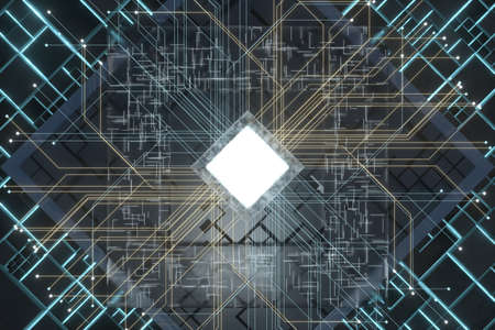 Luminous cube and circuits, black cubes, 3d rendering. Computer digital drawing.