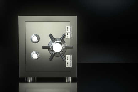 Mechanical safe, with the door closed, 3d rendering. Computer digital drawing.
