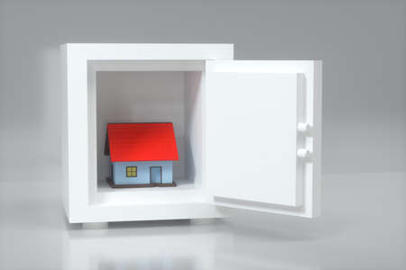 The small house model in the safe box, 3d rendering. Computer digital drawing.の写真素材