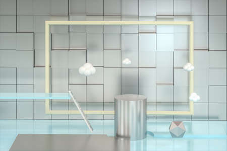 Creative cartoon room with a round podium in the centre, 3d rendering, Computer digital drawing.