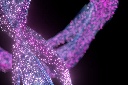 Glowing purple particles and motion lines, 3d rendering. Computer digital drawing.